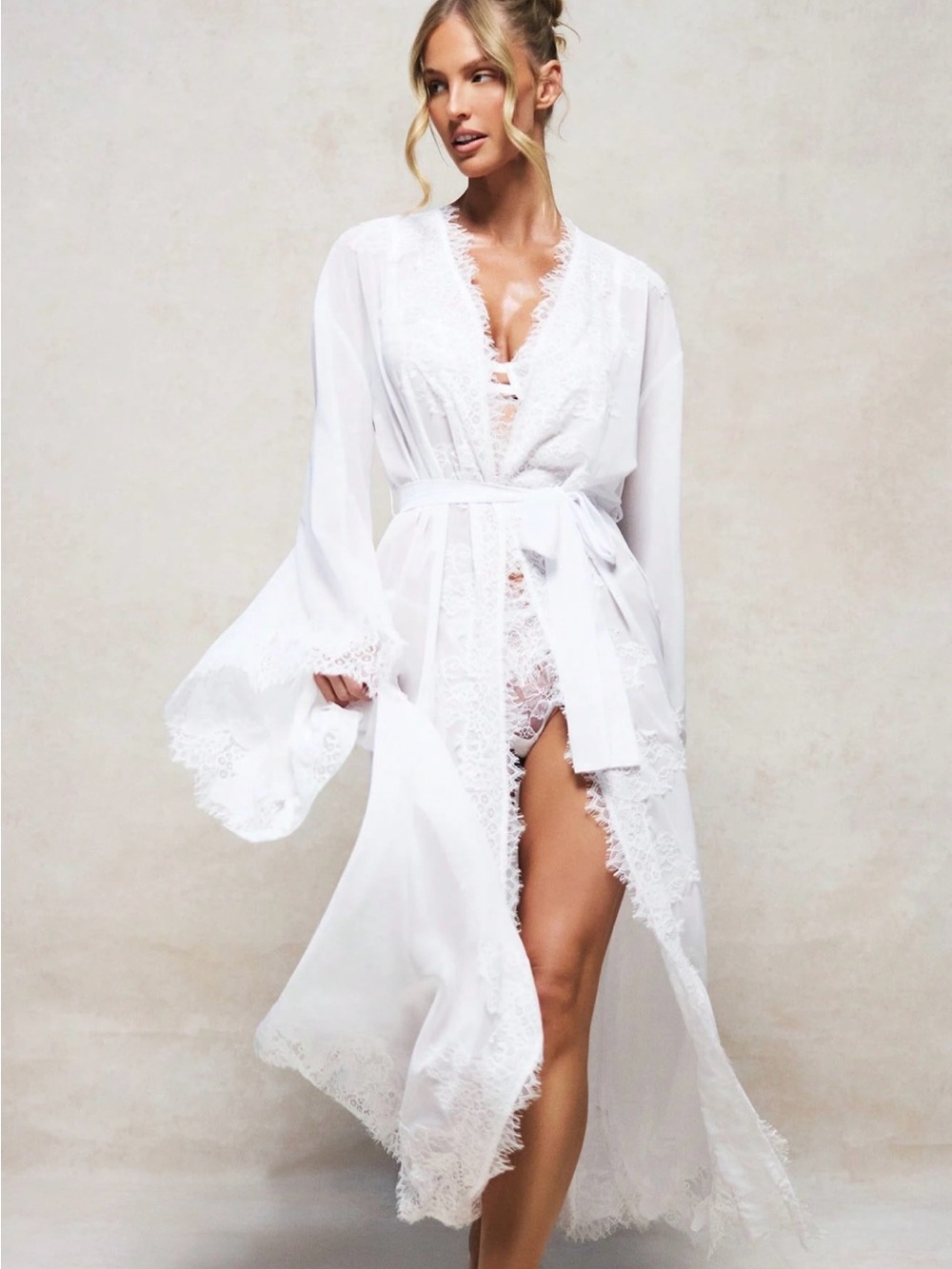 Bridal Elegant White Lace-Trim Long Robe - Women Intimates